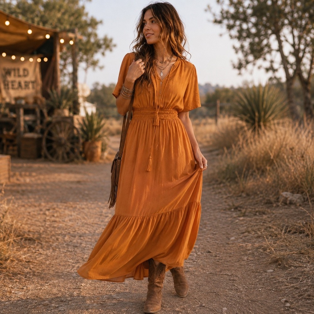 Knox Rose Womens Rust Heritage Smocked Tiered Maxi Dress Tassel V-Neck Large NWT